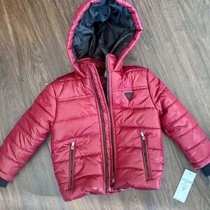 Guess Kids Toddlers Boys Puffer Hooded Jacket Trendy Holidays Red Burgundy S(4)